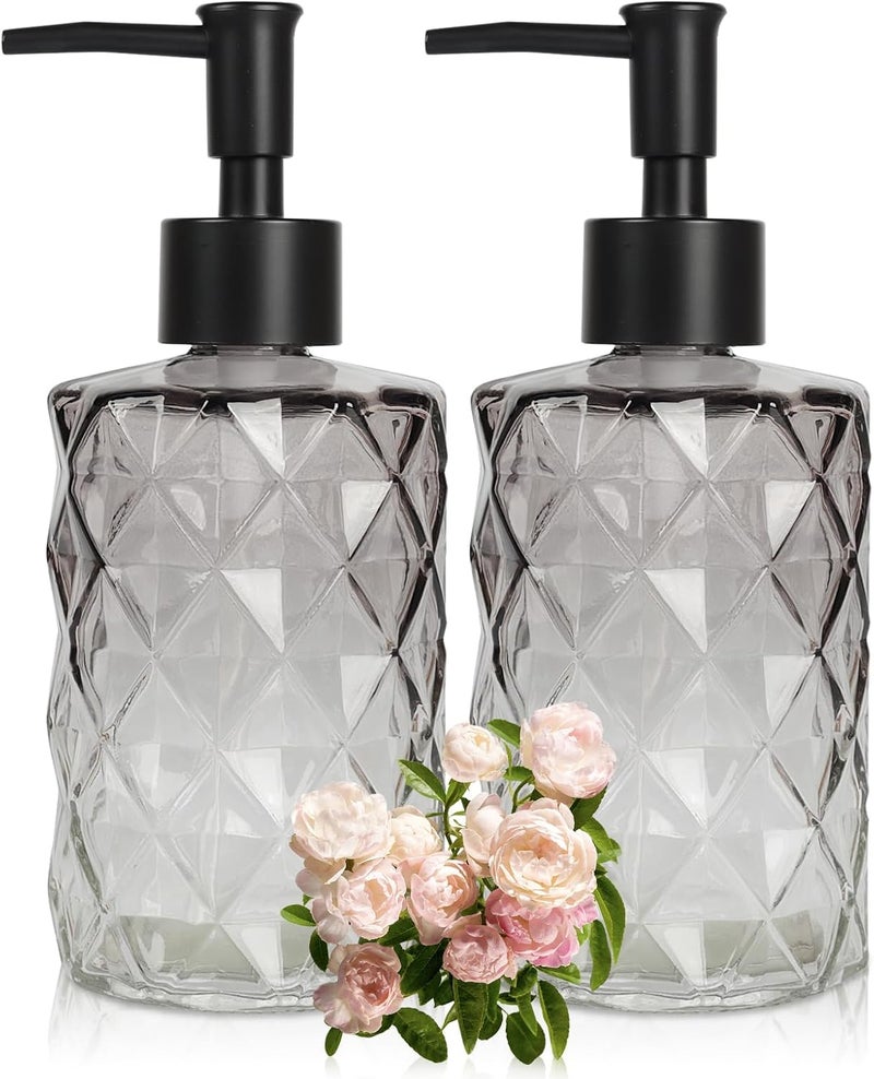 Ulable Glass Soap Dispenser with Plastic Pump, 2 Pack 12oz Gradient Diamond Design Black Soap Dispenser for Dishwashing Liquid, Lotion Shower Gel - Image 1